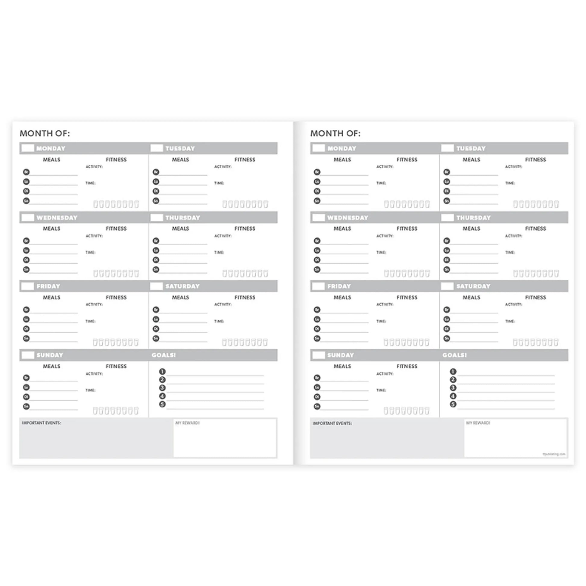 An open health and wellness planner displaying weekly food and fitness tracking pages on a white background. — for Carpe Diem Dream
