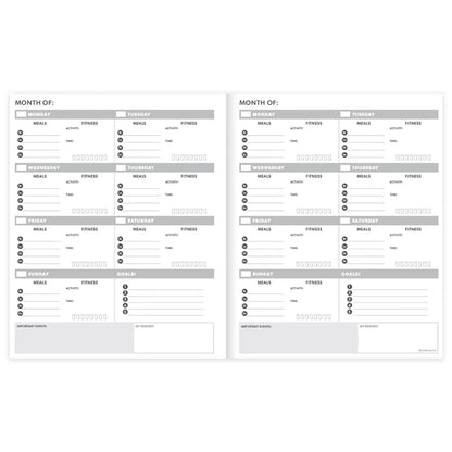 An open health and wellness planner displaying weekly food and fitness tracking pages on a white background. — for Carpe Diem Dream
