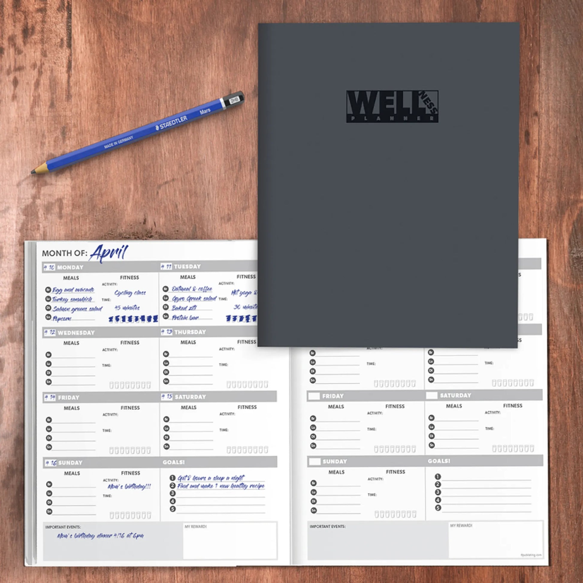 An open health and wellness planner showing weekly food, fitness, hydration, and notes sections on a wooden desk with a pen. — for Carpe Diem Dream
