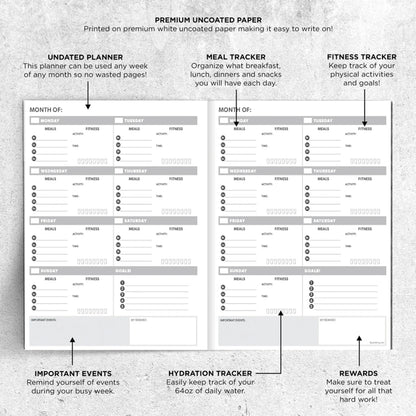 An open health and wellness planner displaying labeled weekly food, fitness, hydration, and notes sections on a light background. — for Carpe Diem Dream
