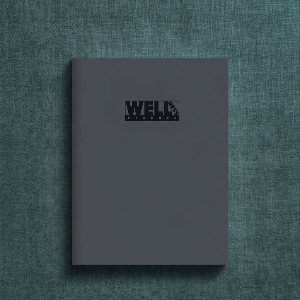 Health & Wellness Planner large format hardcover journal displayed upright on a textured teal linen background with realistic proportions and clean minimalist presentation. — for Carpe Diem Dream