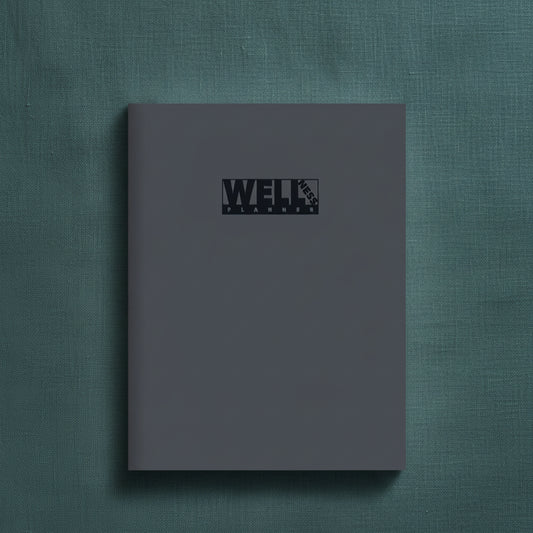 Health & Wellness Planner large format hardcover journal displayed upright on a textured teal linen background with realistic proportions and clean minimalist presentation. — for Carpe Diem Dream