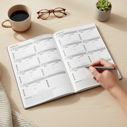 An open health and wellness planner showing weekly food, fitness, hydration, and notes sections on a desk while being written in. — for Carpe Diem Dream