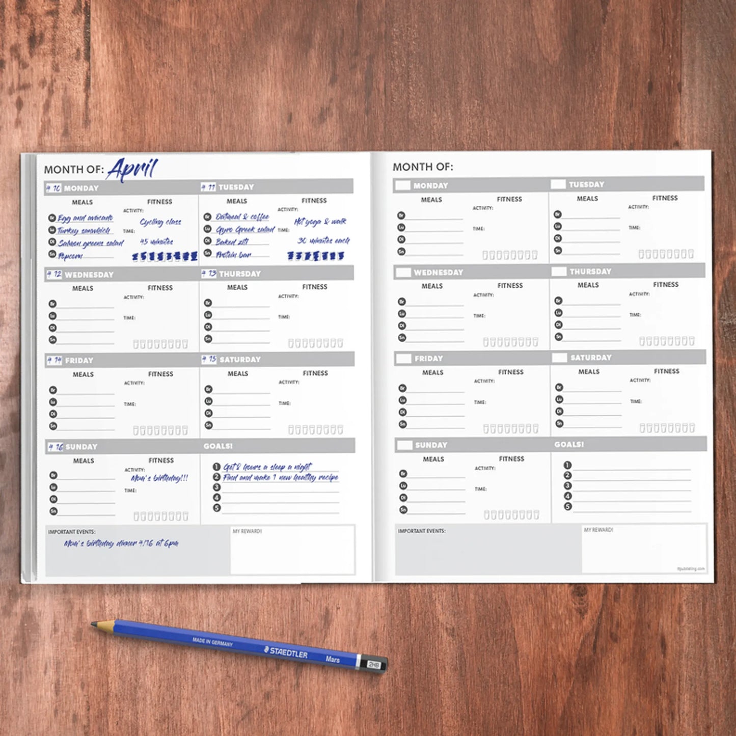 An open health and wellness planner showing weekly food and fitness tracking pages on a wooden desk with a pen. — for Carpe Diem Dream
