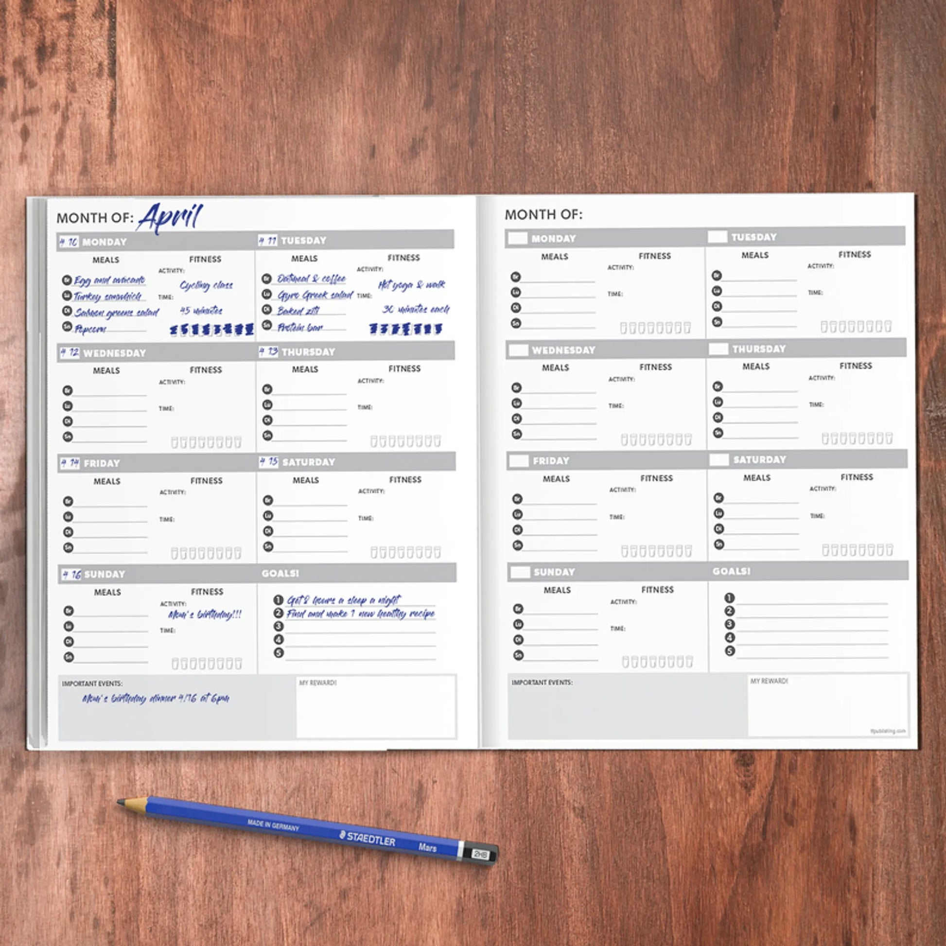An open health and wellness planner showing weekly food and fitness tracking pages on a wooden desk with a pen. — for Carpe Diem Dream

