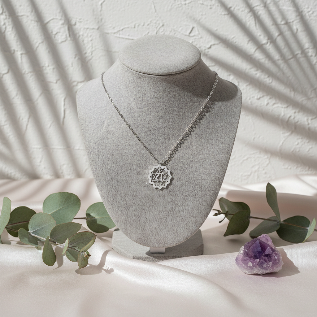 Heart Chakra Coin Necklace displayed on white jewelry bust with pink silk, eucalyptus, and amethyst — for Carpe Diem Dream