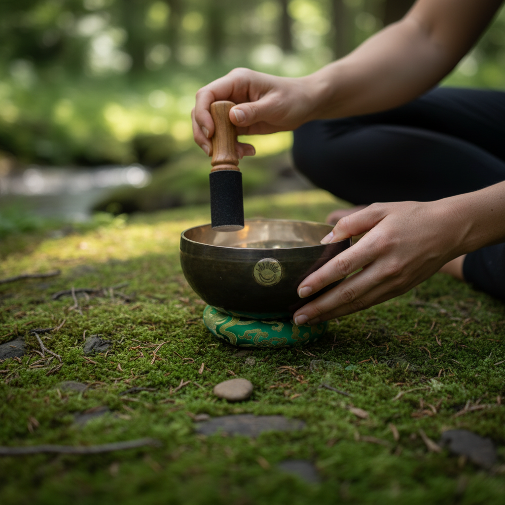 A person playing a Heart Chakra singing bowl with a striker outdoors on moss during a peaceful sound healing or meditation practice. — for Carpe Diem Dream