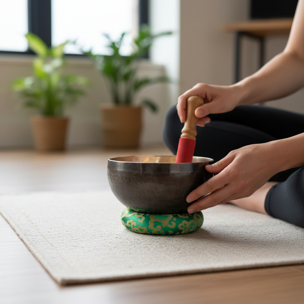 A person playing a Heart Chakra singing bowl with a wooden striker while seated on a meditation mat in a calm indoor space. — for Carpe Diem Dream