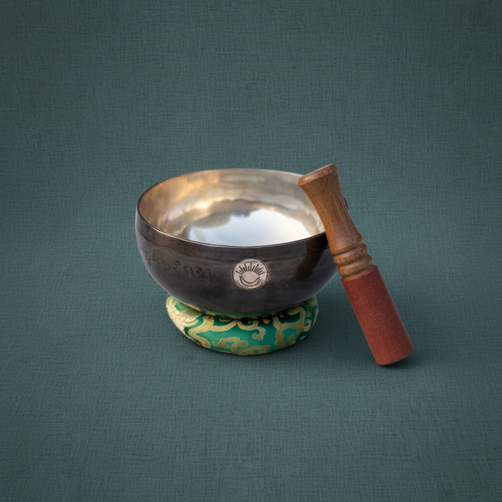 A hand-hammered Heart Chakra singing bowl with wooden striker resting on a green cushion against a muted teal linen background. — for Carpe Diem Dream