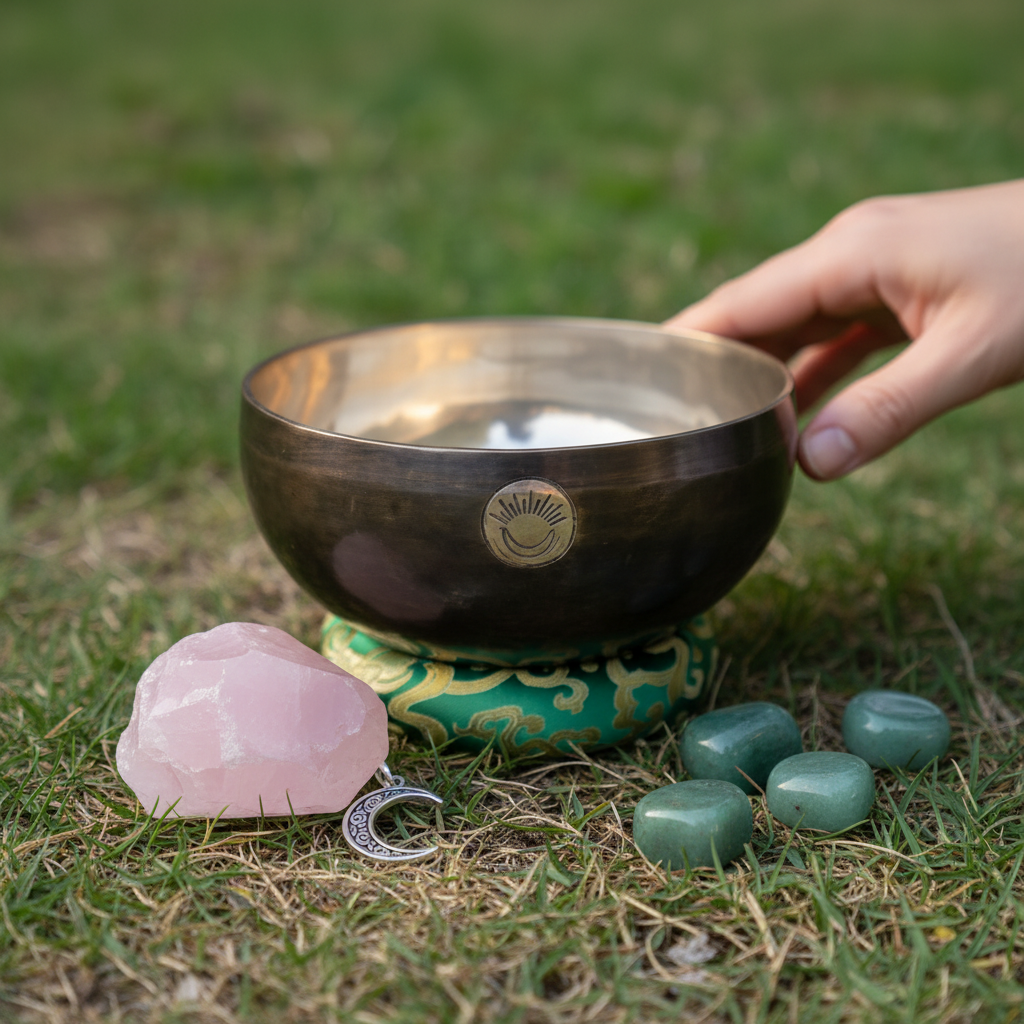 A Heart Chakra singing bowl resting on a green cushion outdoors on grass beside rose quartz and green tumbled stones with a hand touching the bowl. — for Carpe Diem Dream