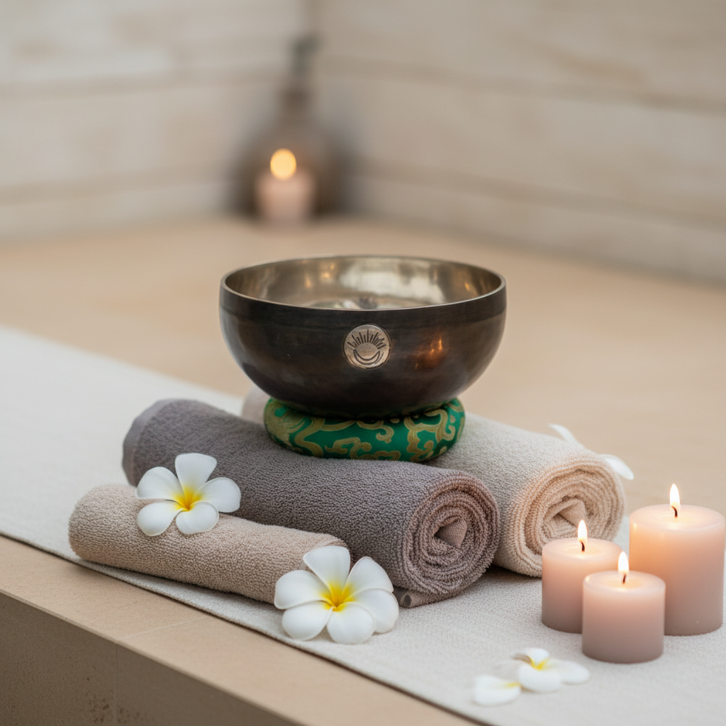 A Heart Chakra singing bowl resting on folded spa towels with candles and white flowers in a calming wellness setting. — for Carpe Diem Dream