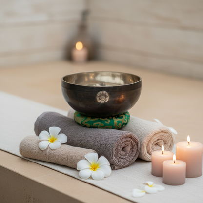 A Heart Chakra singing bowl resting on folded spa towels with candles and white flowers in a calming wellness setting. — for Carpe Diem Dream