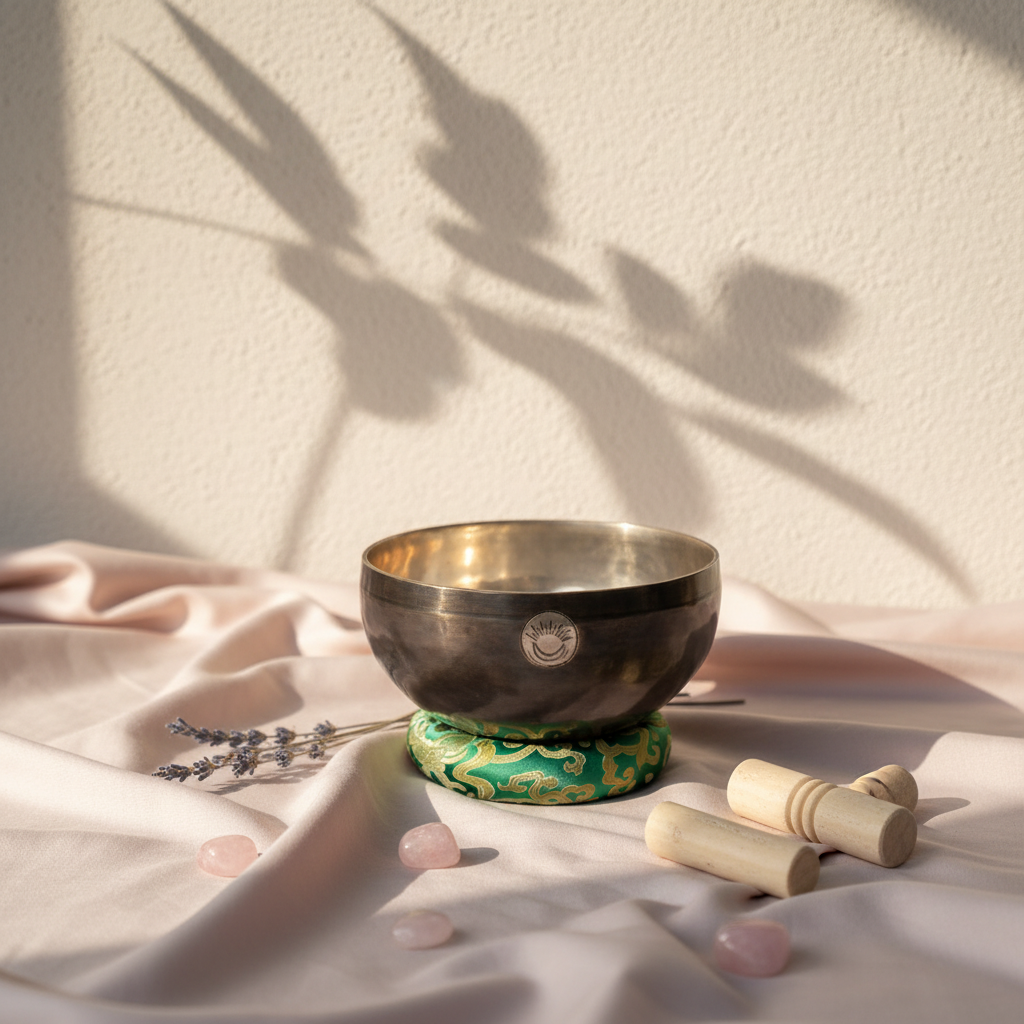 A Heart Chakra singing bowl resting on a green cushion with wooden striker, surrounded by rose quartz crystals and soft botanical shadows on a blush fabric surface. — for Carpe Diem Dream