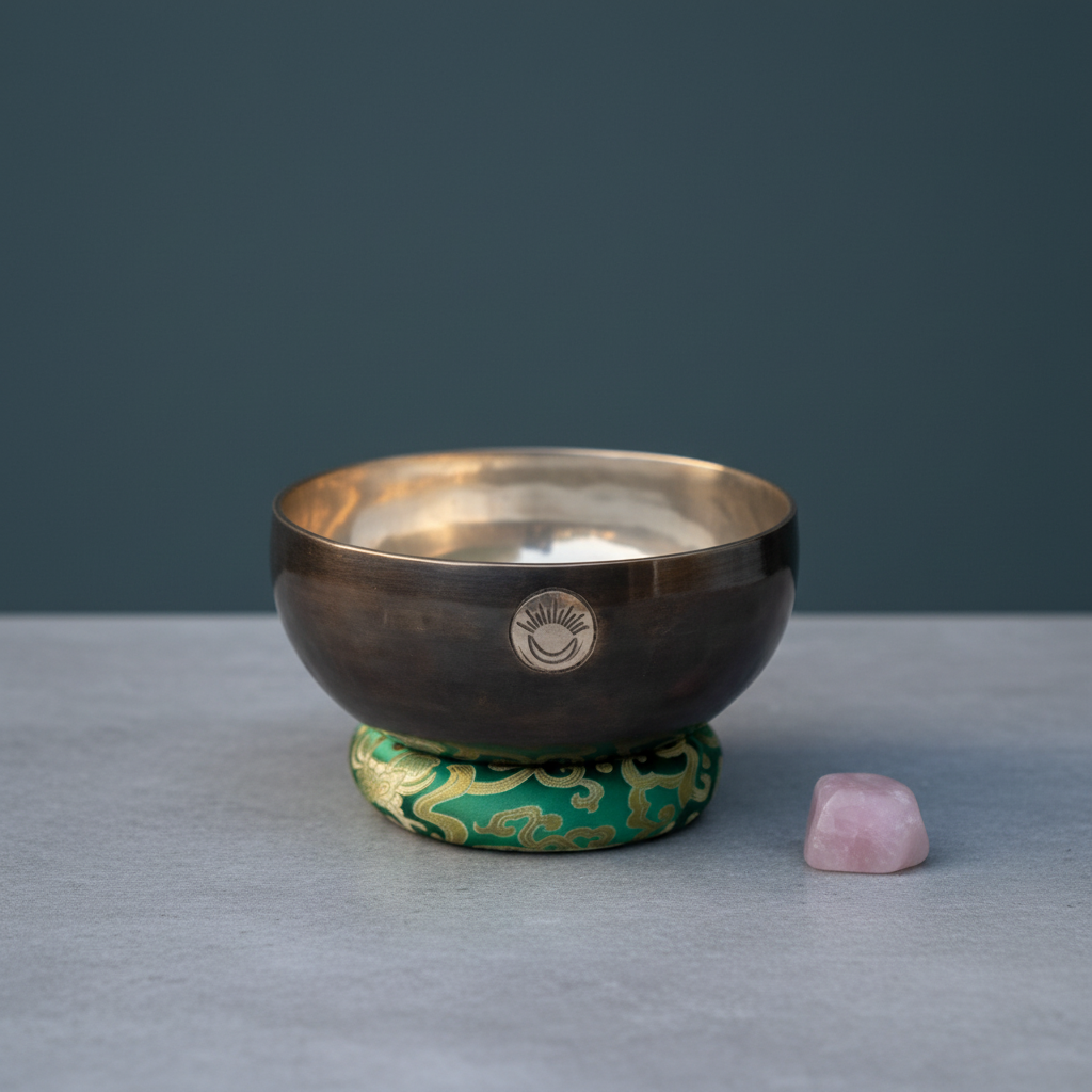 A Heart Chakra singing bowl resting on a green cushion beside a rose quartz crystal on a soft neutral surface with a muted blue background. — for Carpe Diem Dream