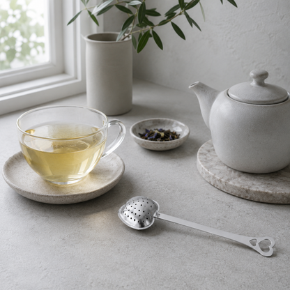 Heart Shaped Tea Infuser – authentic silver heart-shaped metal tea infuser naturally styled in a calm everyday tea setting with a clear glass cup of tea, matte ceramic teapot, loose herbs, natural stone surfaces, cool greige tones, and soft diffused daylight. — for Carpe Diem Dream