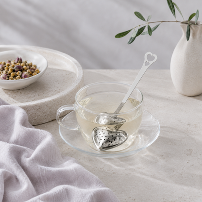 Heart Shaped Tea Infuser – authentic silver heart-shaped metal tea infuser steeping in a clear glass cup of tea on a natural stone surface, styled with loose herbs, soft mauve linen, matte ceramics, and cool diffused daylight. The product supports a calm, heart-centered tea ritual. — for Carpe Diem Dream