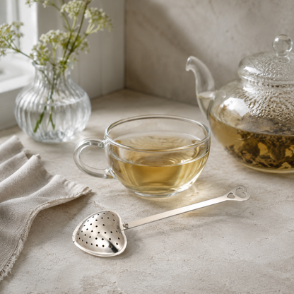 Heart Shaped Tea Infuser – authentic silver heart-shaped metal tea infuser styled in a quiet future lifestyle tea setting with clear glass tea, natural stone surfaces, soft linen, glass teapot, delicate florals, and cool diffused daylight. — for Carpe Diem Dream