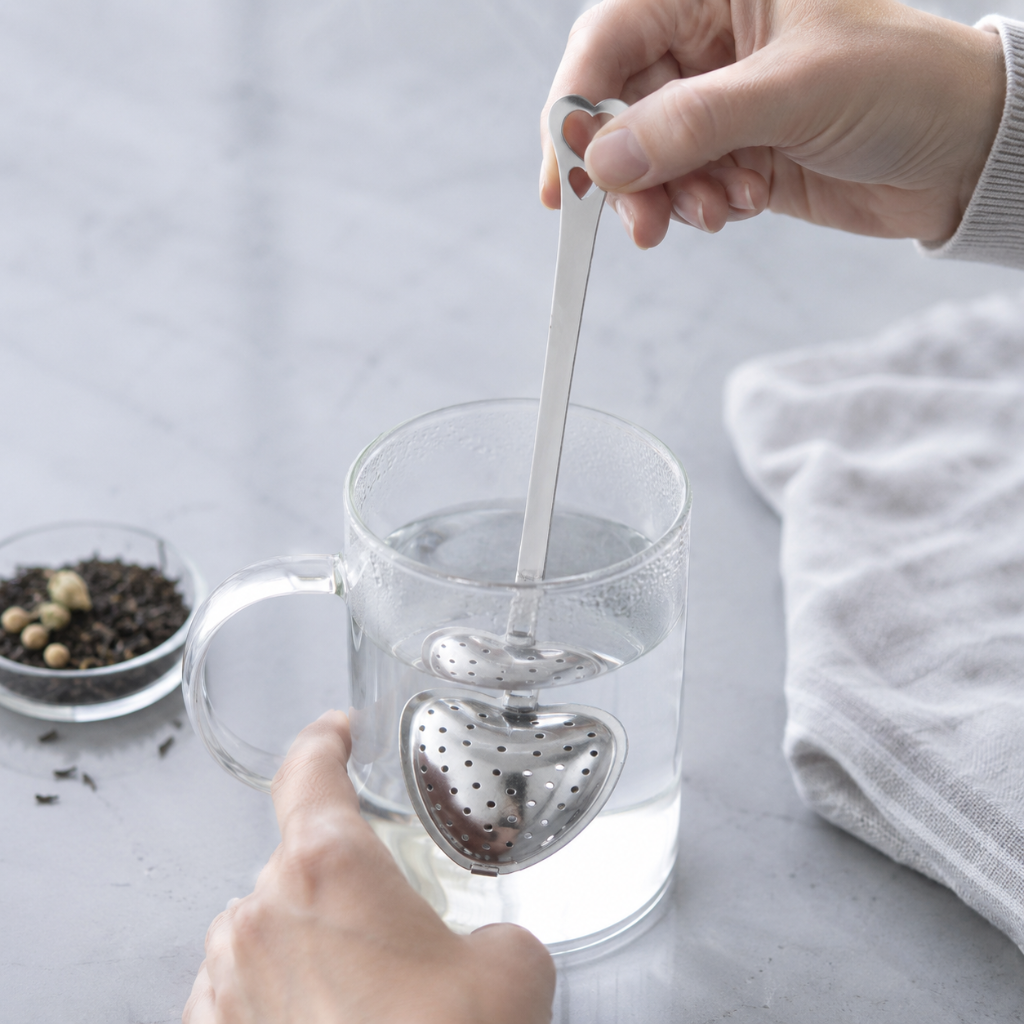 Heart Shaped Tea Infuser – authentic silver heart-shaped metal tea infuser shown in a natural preparation process with hands lowering the infuser into a clear glass cup on a cool stone surface, styled with loose tea, soft linen, and cool diffused daylight. — for Carpe Diem Dream
