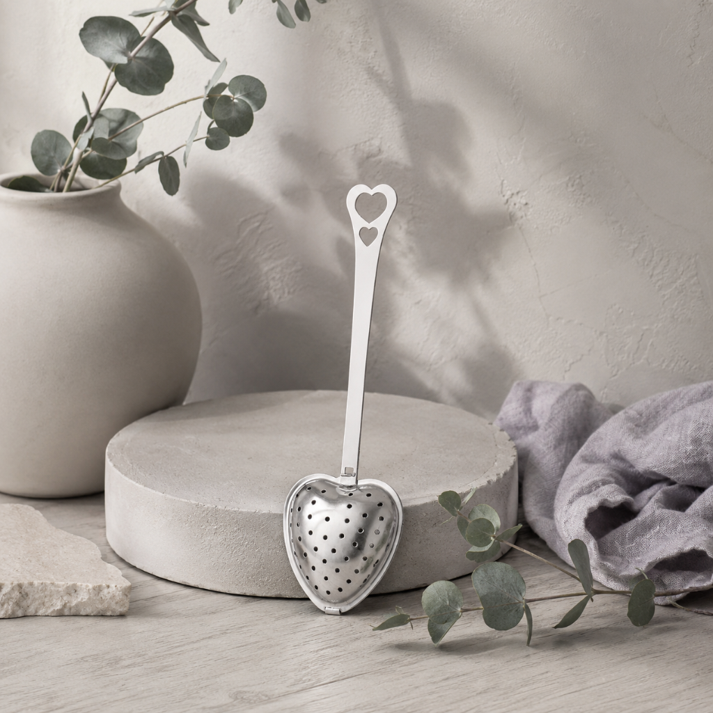 Heart Shaped Tea Infuser – authentic silver heart-shaped metal tea infuser displayed in the Carpe Diem Dream Botanical Studio with Roman Clay textures, cool greige wood, matte ceramics, eucalyptus, mauve linen, natural stone styling, and cool diffused daylight. — for Carpe Diem Dream