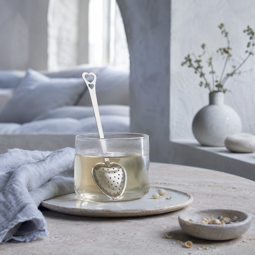 Heart Shaped Tea Infuser – authentic silver heart-shaped metal tea infuser steeping in a clear glass cup of tea within a serene quiet-luxury wellness space with Roman Clay textures, natural stone, soft blue linen, dried herbs, and cool diffused daylight. — for Carpe Diem Dream