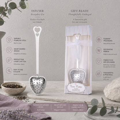 Heart Shaped Tea Infuser – authentic silver heart-shaped metal tea infuser shown with gift-ready packaging in a premium educational retail composition highlighting durable stainless steel, heart shaped design, loose leaf tea use, elegant packaging, decorative ribbon, and thoughtful practical gifting. — for Carpe Diem Dream