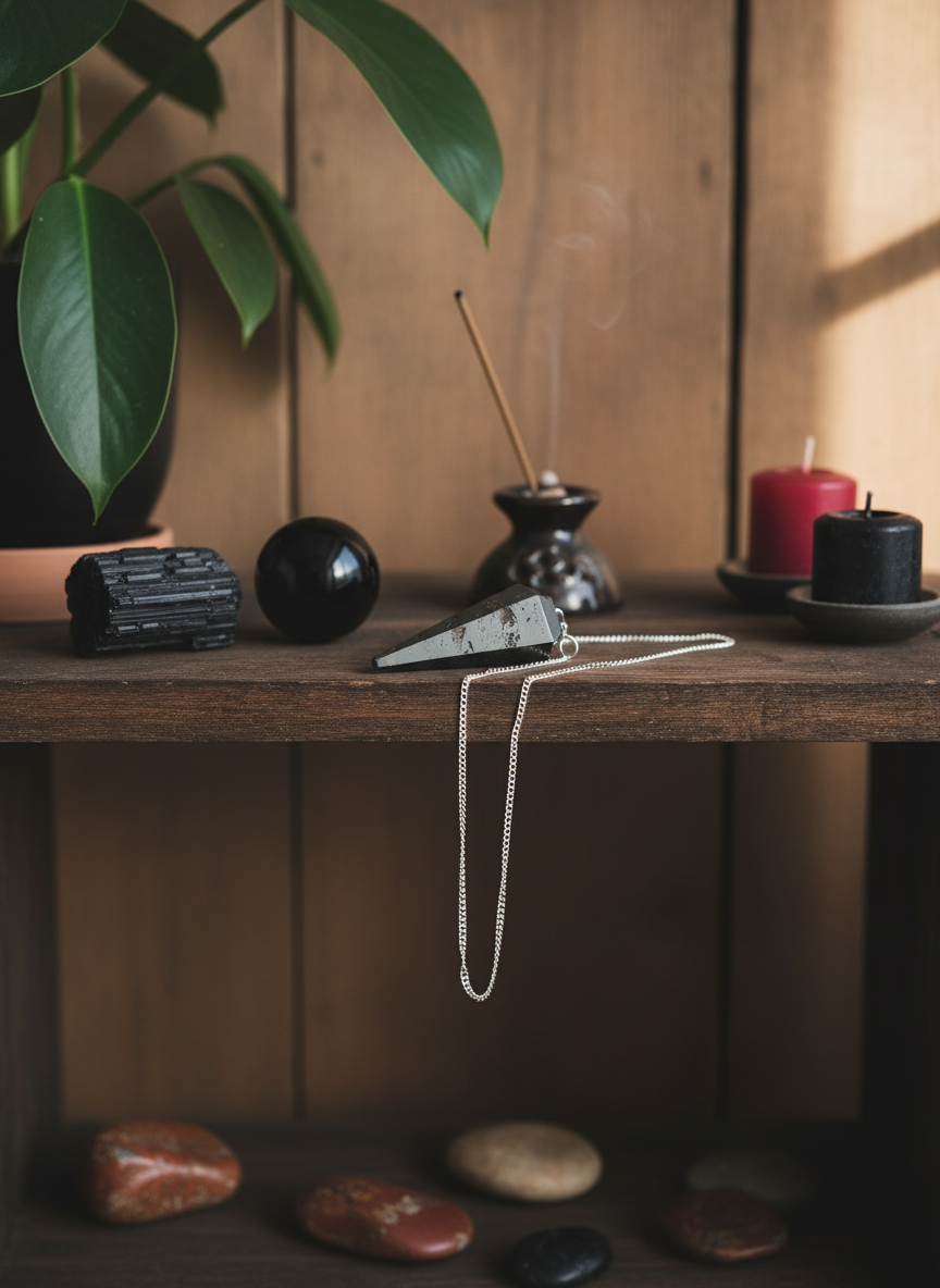 Hematite crystal pendulum placed on a wooden altar beside burning incense, black tourmaline, and red candlelight — radiating grounding energy and focus – for Carpe Diem Dream.