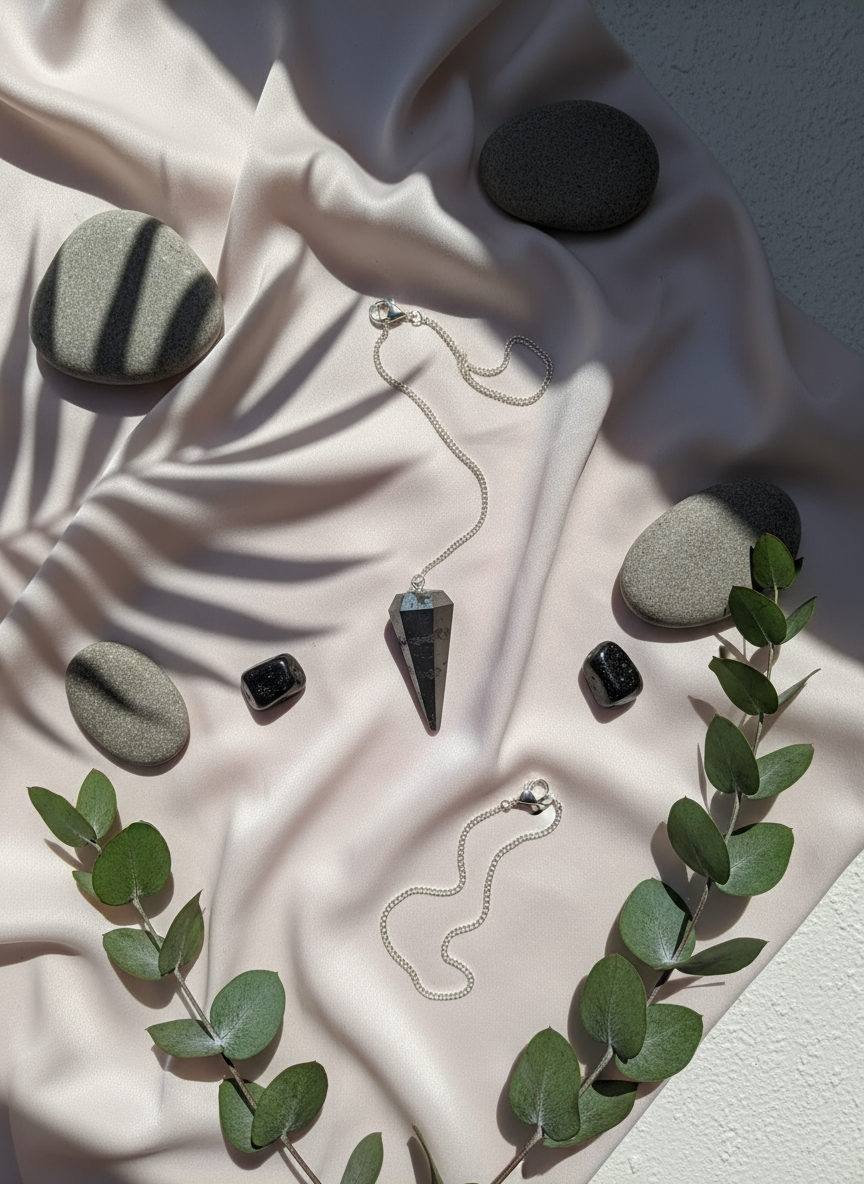 Hematite crystal pendulum resting on soft ivory silk with travertine tiles, grounding stones, and eucalyptus leaves in natural sunlight – for Carpe Diem Dream.