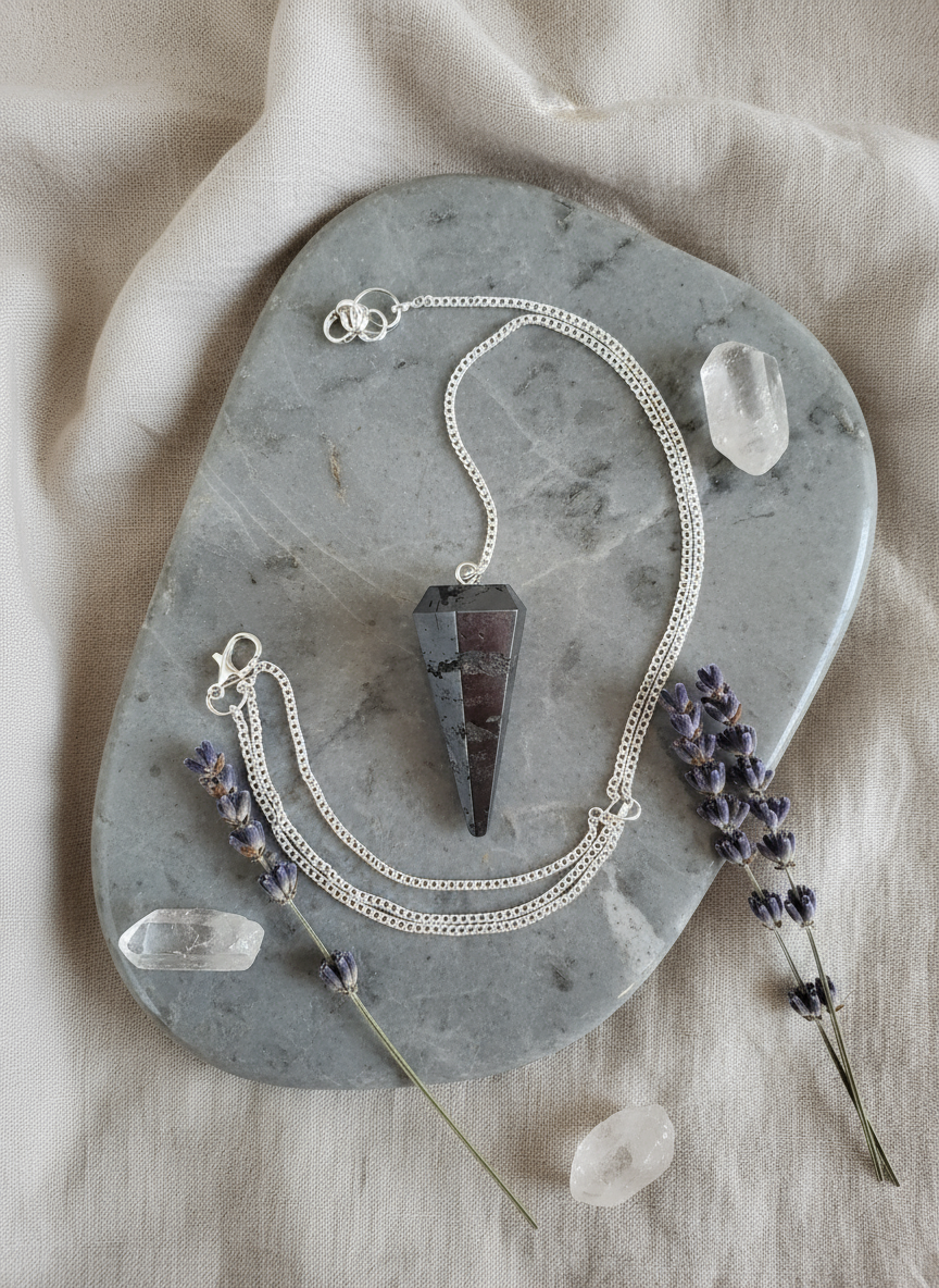 Hematite crystal pendulum displayed on a gray marble tray with lavender sprigs and clear quartz crystals, symbolizing grounding and inner calm – for Carpe Diem Dream.