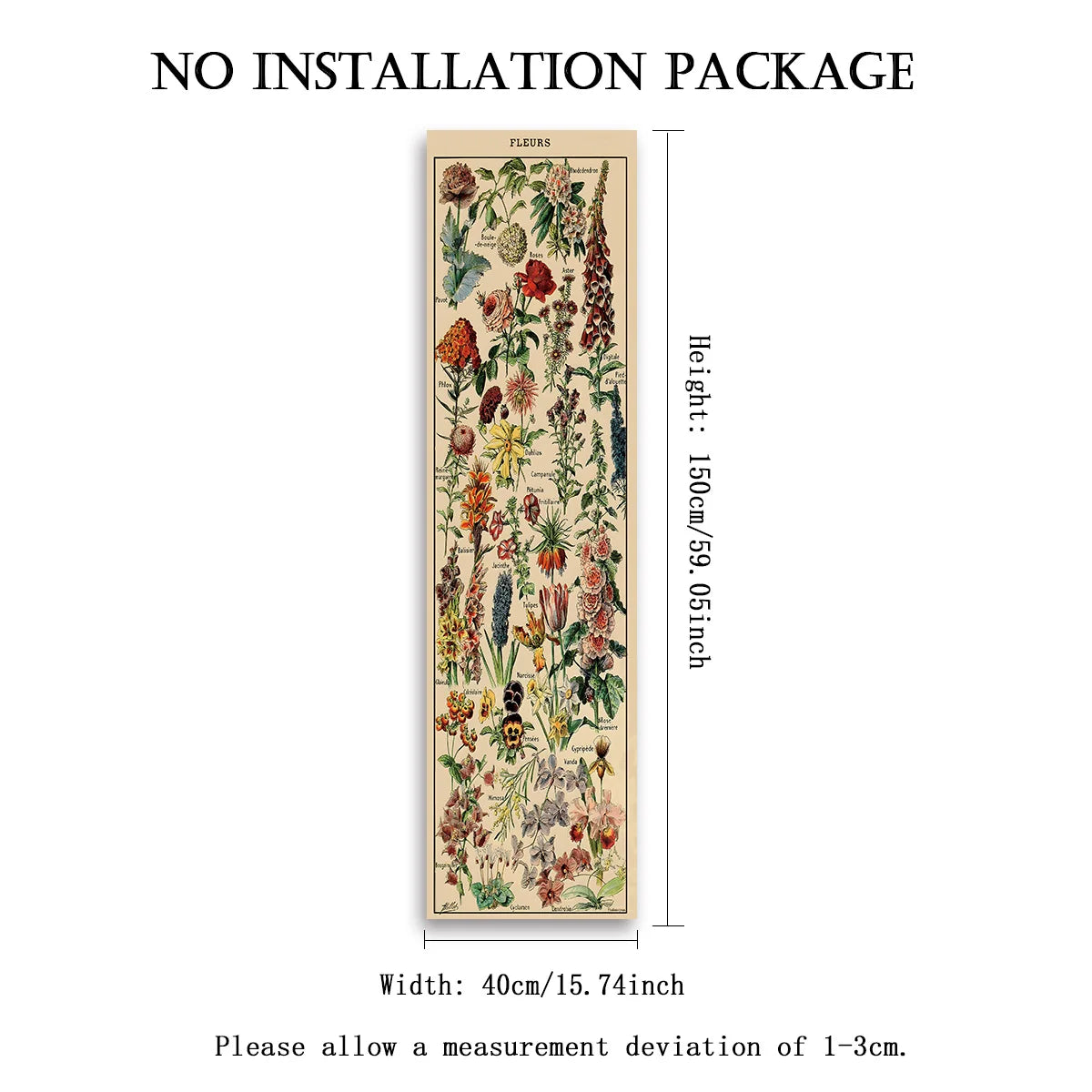 Herbal botanical banner tapestry supplier image showing full design with labeled dimensions of 59.06 inches height and 15.74 inches width on a white background. — for Carpe Diem Dream