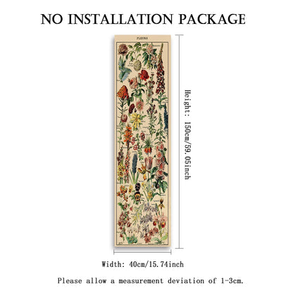 Herbal botanical banner tapestry supplier image showing full design with labeled dimensions of 59.06 inches height and 15.74 inches width on a white background. — for Carpe Diem Dream