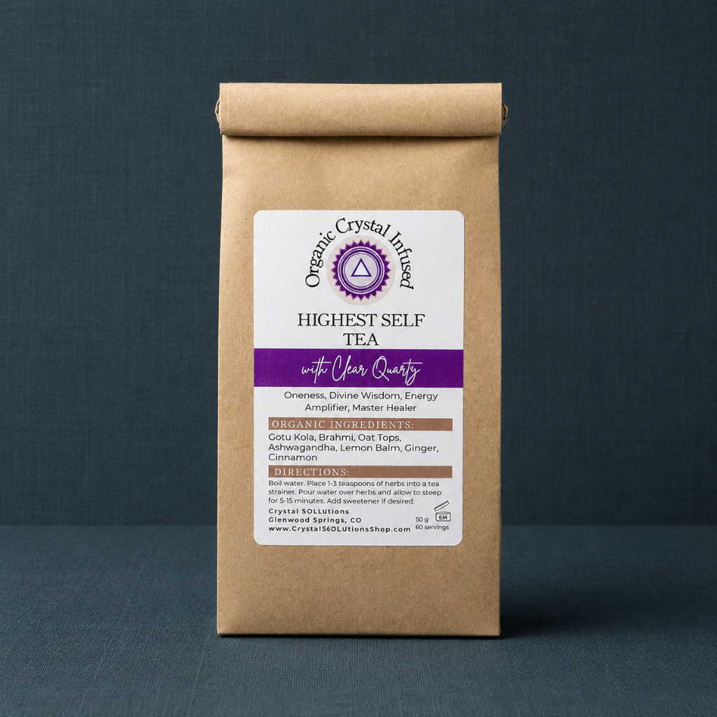 Highest Self Tea – Organic Crystal Infused 50g loose-leaf herbal tea in kraft packaging, displayed against a dark teal textured linen backdrop with soft natural daylight and minimal wellness styling — for Carpe Diem Dream.