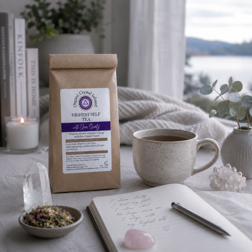 Highest Self Tea – Organic Crystal Infused resting beside a journal, herbal tea, and Clear Quartz crystals in a cool-toned reflective space overlooking tranquil water, evoking inner wisdom, clarity, spiritual connection, and trust in one's highest self — Carpe Diem Dream