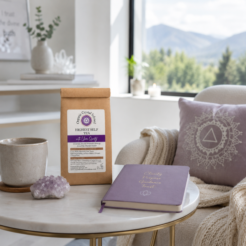 Highest Self Tea – Organic Crystal Infused displayed within a calm, organized wellness space featuring a journal, tea mug, and serene surroundings that reflect clarity, inner wisdom, spiritual connection, and trust in daily guidance — Carpe Diem Dream
