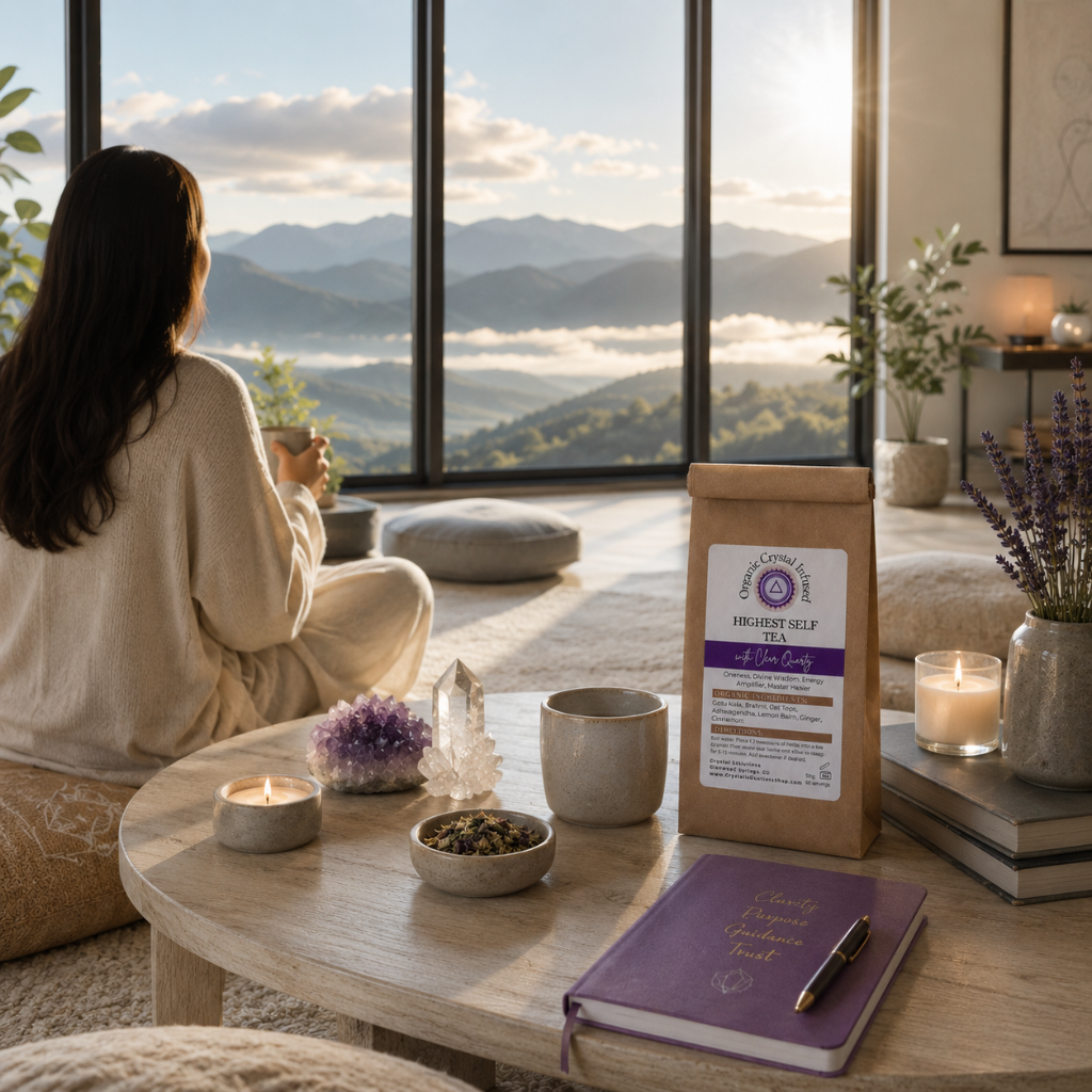 Highest Self Tea – Organic Crystal Infused displayed within a peaceful meditation and wellness sanctuary overlooking mountain views, reflecting a future of clarity, spiritual connection, inner wisdom, mindfulness, and intentional living — Carpe Diem Dream