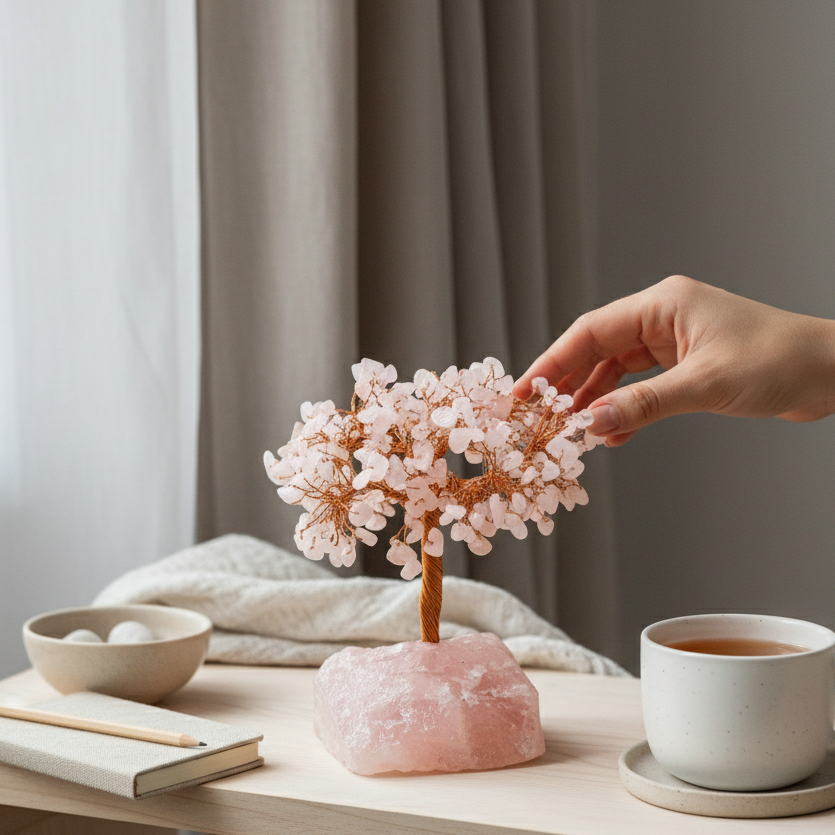 Rose Quartz crystal tree with polished stones displayed on a light wooden table beside a cup of tea, books, and soft linens as a hand gently adjusts the branches. — for Carpe Diem Dream