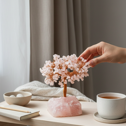 Rose Quartz crystal tree with polished stones displayed on a light wooden table beside a cup of tea, books, and soft linens as a hand gently adjusts the branches. — for Carpe Diem Dream