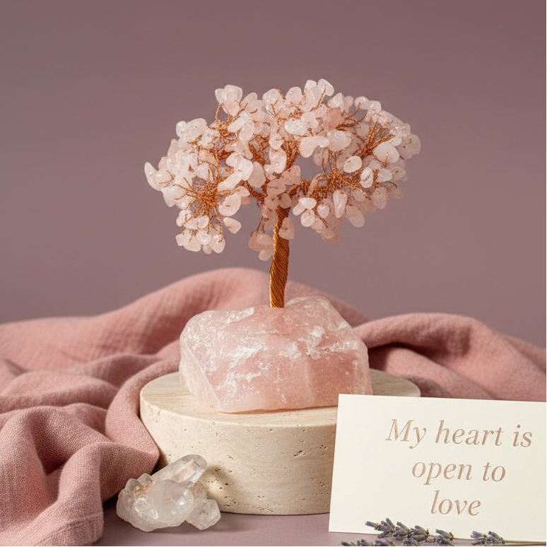 Rose Quartz crystal tree with polished stones resting on a light travertine base beside soft dusty-pink linens and a “My heart is open to love” affirmation card. — for Carpe Diem Dream