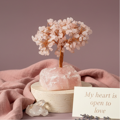 Rose Quartz crystal tree with polished stones resting on a light travertine base beside soft dusty-pink linens and a “My heart is open to love” affirmation card. — for Carpe Diem Dream