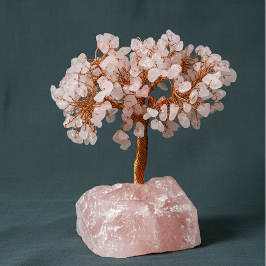 Rose Quartz crystal tree with copper wire branches resting on a raw rose quartz base against a soft matte teal backdrop. — for Carpe Diem Dream