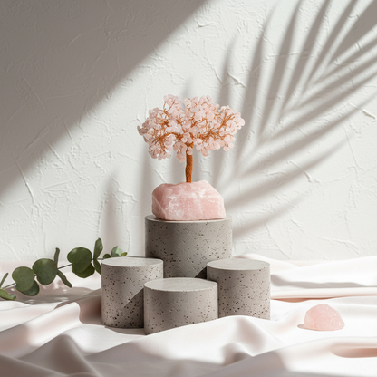 Rose Quartz crystal tree with copper wire branches displayed on stacked concrete pedestals with soft botanical shadows against a white textured wall. — for Carpe Diem Dream