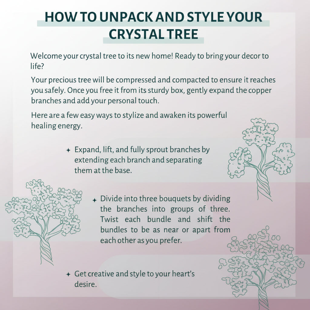 Rose Quartz crystal tree instruction sheet displayed on a soft dusty-pink to cream gradient background with illustrated styling guides for shaping the branches. — for Carpe Diem Dream