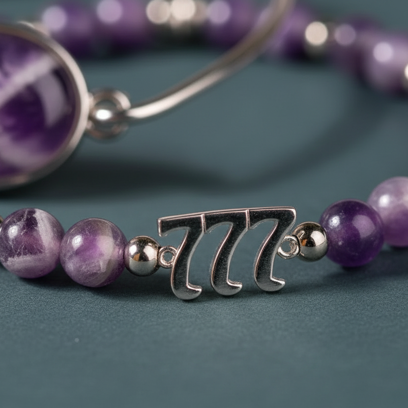 Silver 777 amethyst bracelet charm shown in a crisp close-up highlighting polished beads and natural stone texture. — for Carpe Diem Dream