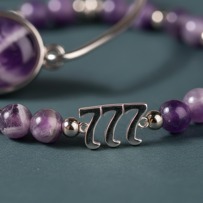 Silver 777 amethyst bracelet charm shown in a crisp close-up highlighting polished beads and natural stone texture. — for Carpe Diem Dream