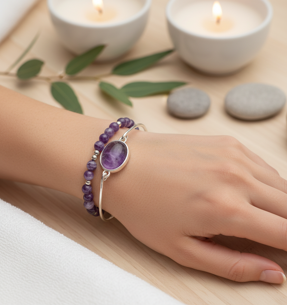 Amethyst 777 charm bracelet set resting beside spa candles, smooth stones, and soft greenery, illuminated by warm neutral lighting. — for Carpe Diem Dream