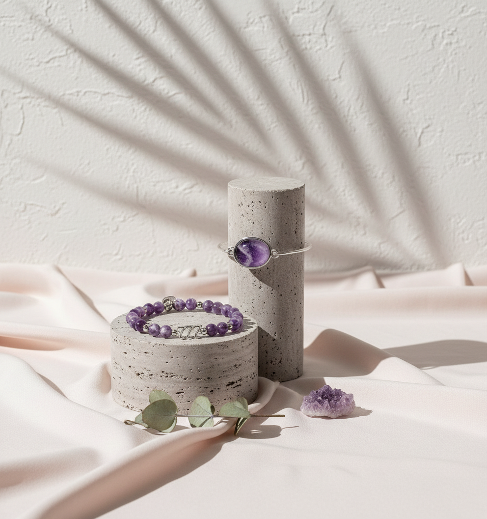 Amethyst bracelet set displayed on textured stone risers with soft blush drapery and botanical props under natural light — for Carpe Diem Dream