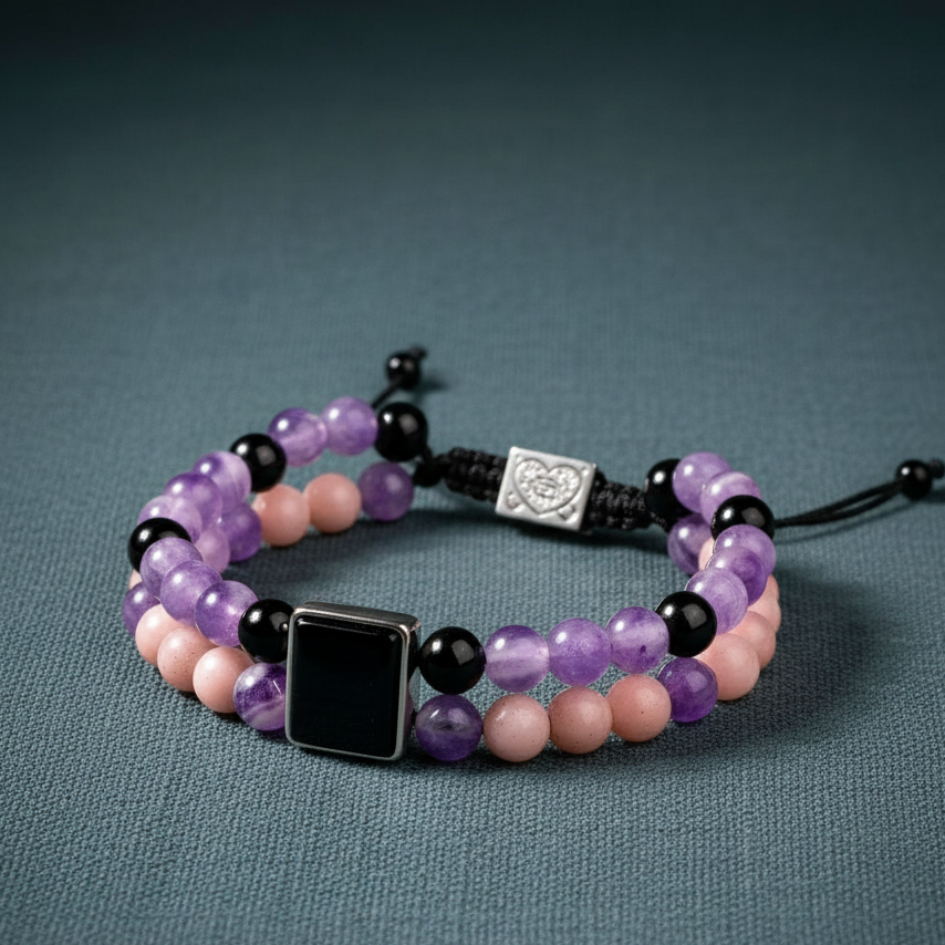 Feminine power healing bracelet in amethyst, pink opal, and onyx arranged neatly on a muted teal surface with soft diffused lighting — for Carpe Diem Dream