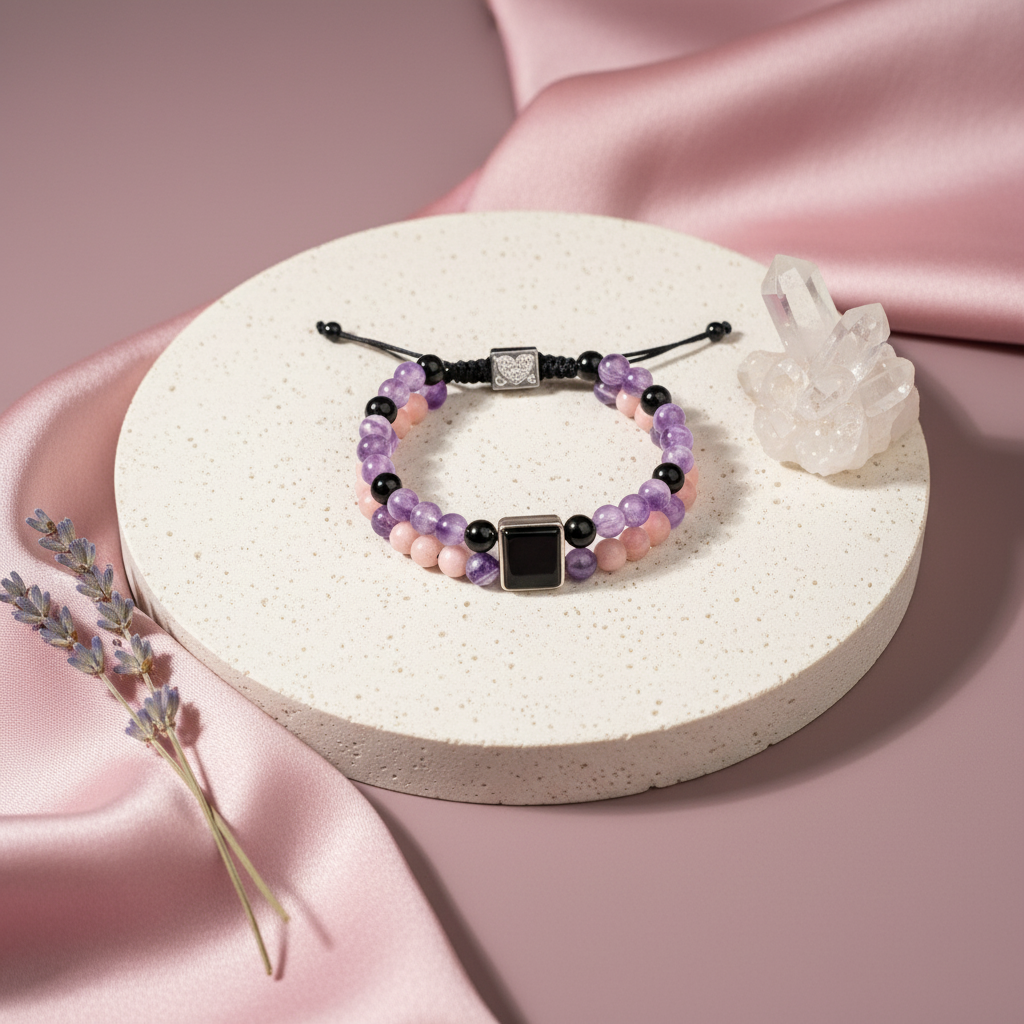 Feminine power healing bracelet in amethyst, pink opal, and onyx displayed on a round pedestal with soft diffused lighting — for Carpe Diem Dream