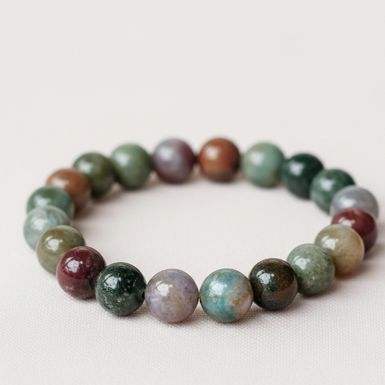Multicolored Indian Agate bead bracelet displayed in a circle on soft ivory surface. — for Carpe Diem Dream