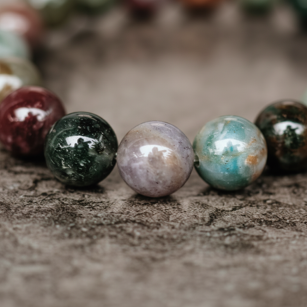 Close-up of multicolored Indian Agate beads resting on textured stone surface. — for Carpe Diem Dream