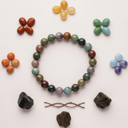 Indian Agate beaded bracelet arranged in circle with crystal stones and gemstone flowers on soft blush surface. — for Carpe Diem Dream